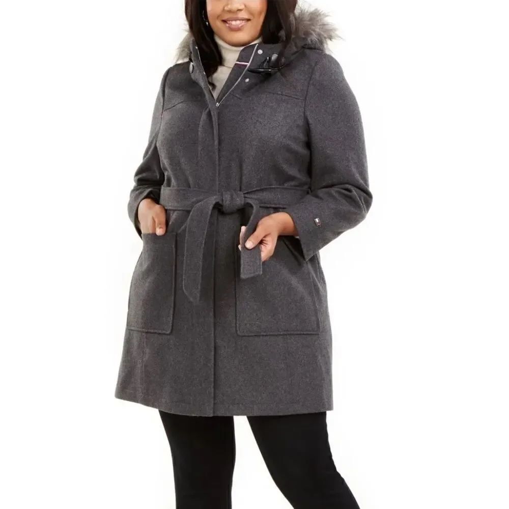 Tommy Hilfiger Plus Size Faux-Fur Hooded Medium Heather Grey Wool Coat 2X NWT